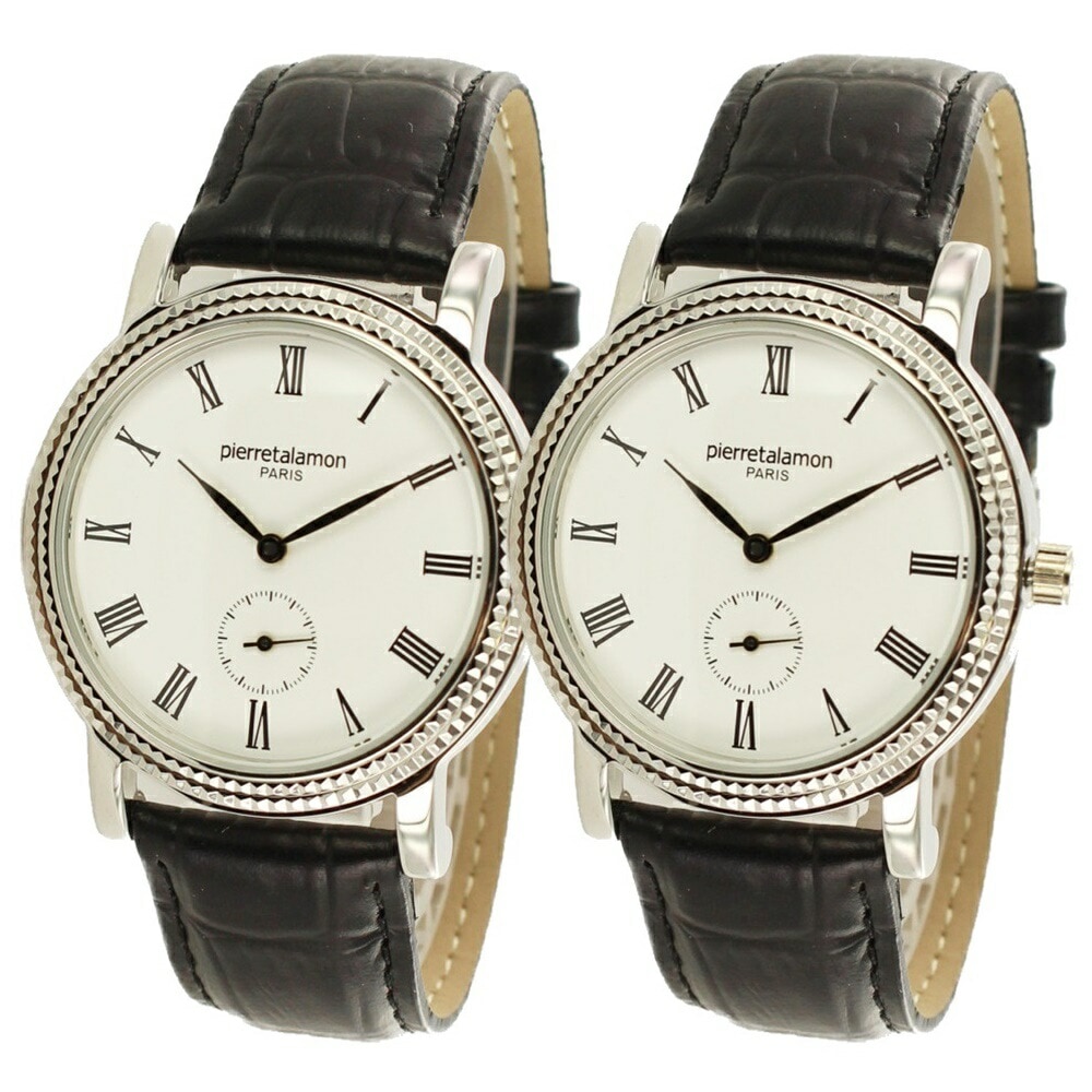 【ペアケース付き！】ピエールタラモン 腕時計 手表 ペアウォッチ ペア時計 同サイズペア レトロ アンティーク風 ローマ数字 黒レザー PT-5100H-1PT-5100H-1 誕生日プレゼント ポイ