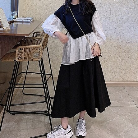 レディース ブラウス ベスト レイヤード トップス ボリューム袖 サイドリボン シフォントップス