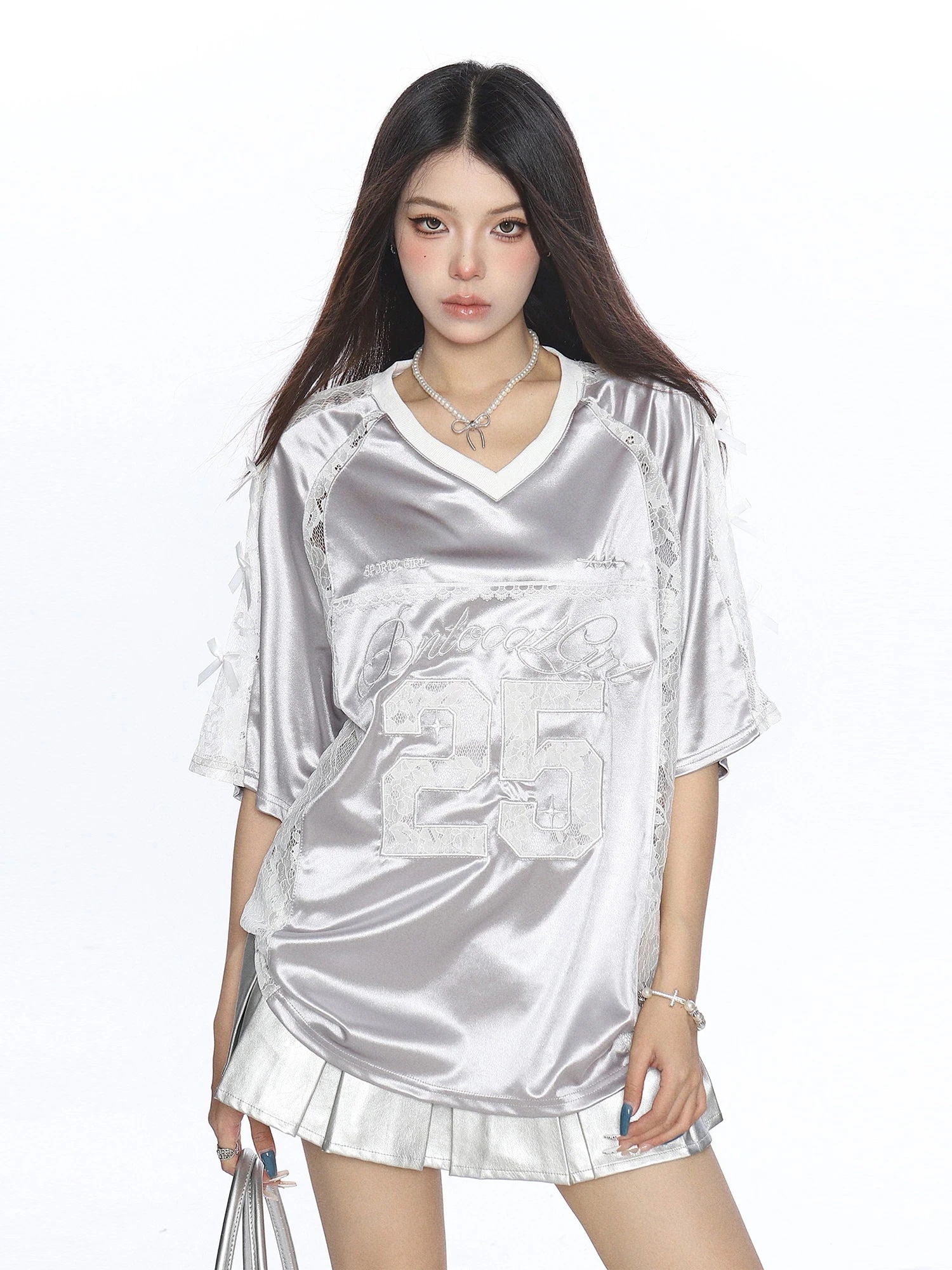 2025春夏 韓国可愛い風トップス レース切り替えTシャツ K-POPファッション半袖ストリート系サイド丈フットシルエットシャツ衣装レディースサイズVネックユニセックスおしゃれカジュアルダンスラグラン