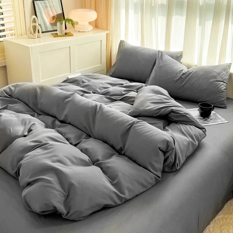 【急速出荷!】今の流行無地 4 点セット シンプル 洗いざらし 掛け布団カバー 起毛 学生寮 シングル 寝具