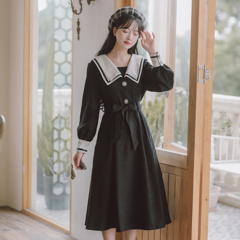 ワンピース フレアワンピース ミモレ ミモレ丈 袖あり 長袖 Vネック 襟付き フレア リボン ウエストマーク ハイウエスト 前開き かわいい シンプル カジュアル おしゃれ お洒落 ラブリー