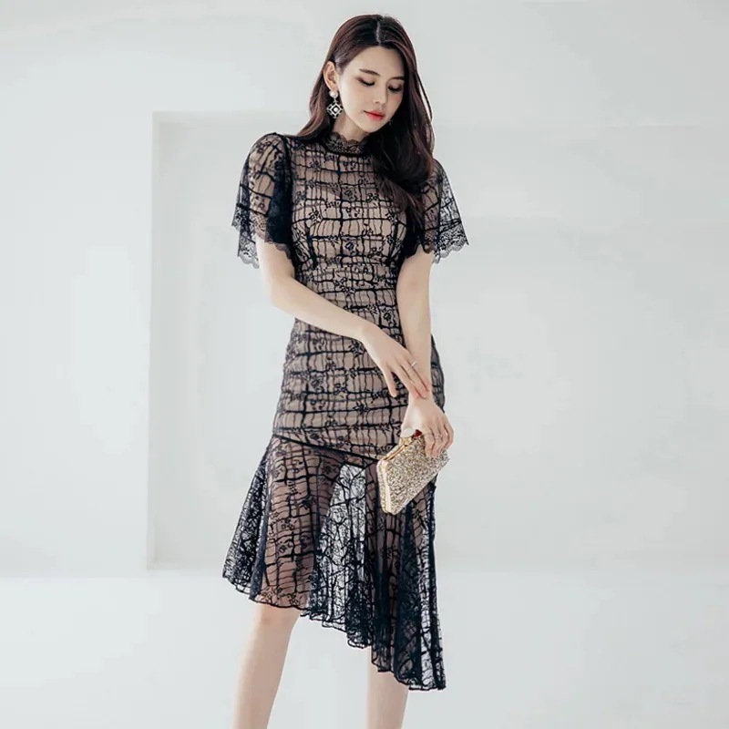 キャミワンピース 上品パーティードレス 半袖 ワンピース レース 透けない ワンピース 透かし彫り オリジナルデザイン 感　 イレギュラー タイトスカート 気質 着やせ フィッシュテールスカー 5,238円