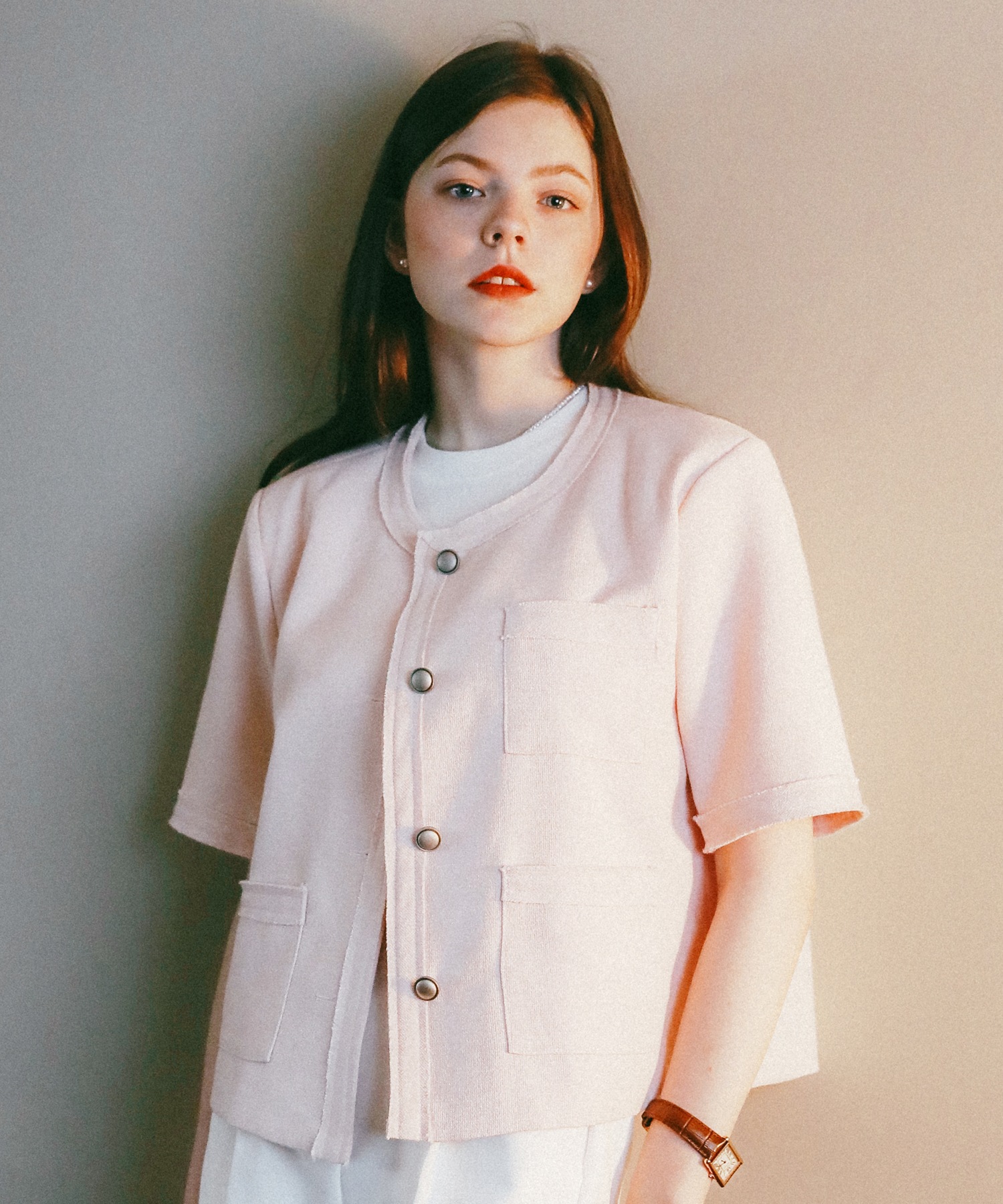 LOSSYROW ツイードハーフジャケットベビーピンク