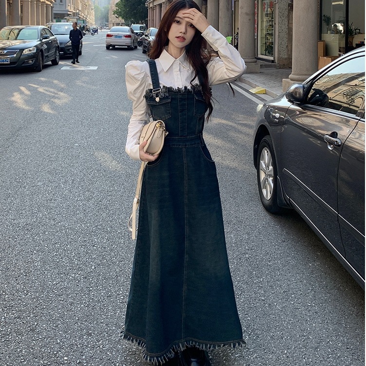 フロントジッパーポケットデニムワンピースワイルドデニムワンピハイウエストロングワンピース肩出し切りっぱなしジーンズショルダ