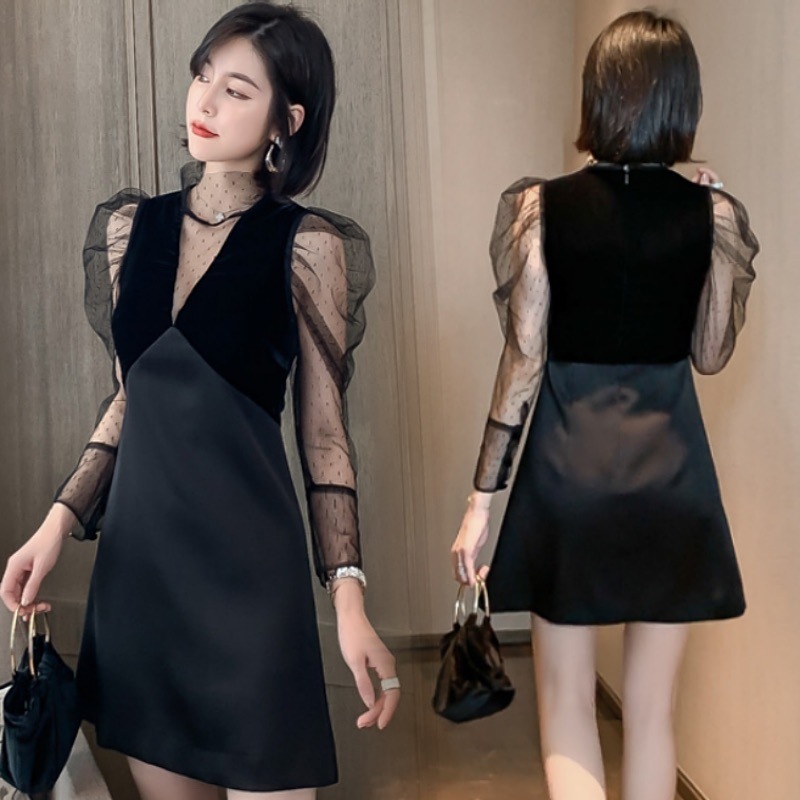 ドレス ワンピース パーティードレス パーティドレス ワンピースドレス ワンピドレス ミニ ミニ丈 ショート ショート丈 袖あり 長袖 ボリューム袖 パフスリーブ 切り替えデザイン ドッキング レース