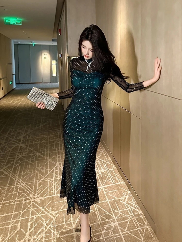 Hot!!!2023秋 チュール 水玉 長袖 セクシー ロングワンピース パーティードレス キャバ 着痩せ 大人 同窓会 披露宴 卒業式 結婚式 演奏会 ウェディング 二次会 発表会