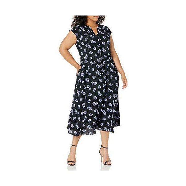 Anne Klein Women s Size Plus Cap Sleeve Drawstring MIDI Dress， Anne Black/RAINSHADOW Combo， 1X 並行輸入品