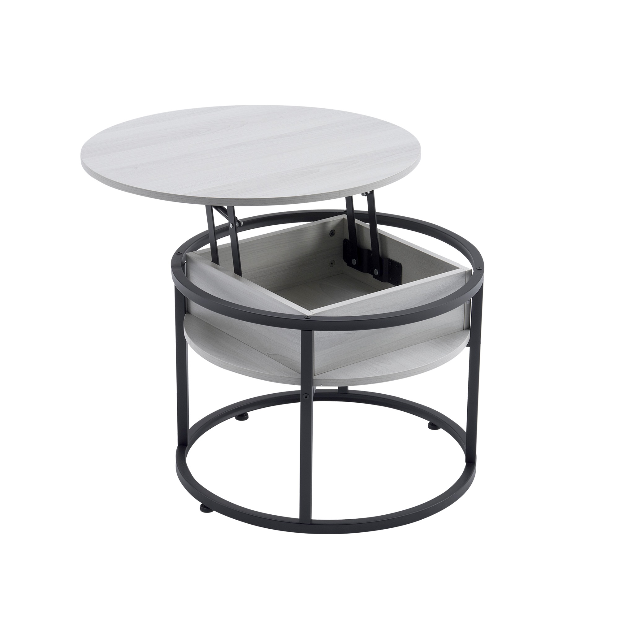 【迅速な出荷/1994】【新作登場】昇降式テーブル センターテーブル 円形 大容量収納 木目調 コーヒーテーブル ローテーブル 隠し収納スペース 北欧 モダン 昇降テーブル スチール脚【グレー（ブラッ