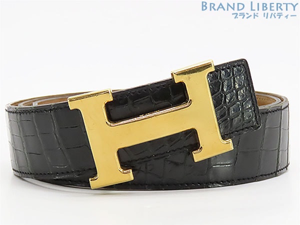 レアエルメスHERMESヴィンテージコンスタンスポロサスクロコダイルHベルトリバーシブル32MM90ゴールド金具ポロサスT