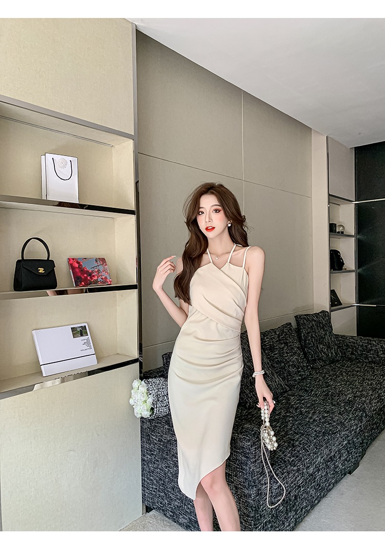 サスペンダーワンピース ドレス パーティドレス 膝丈ドレス マーメイドドレス カジュアルドレス ひざ丈 ノースリーブ 襟なし マーメイドライン アシンメトリー 細身 レース リボン ファスナー 胸元