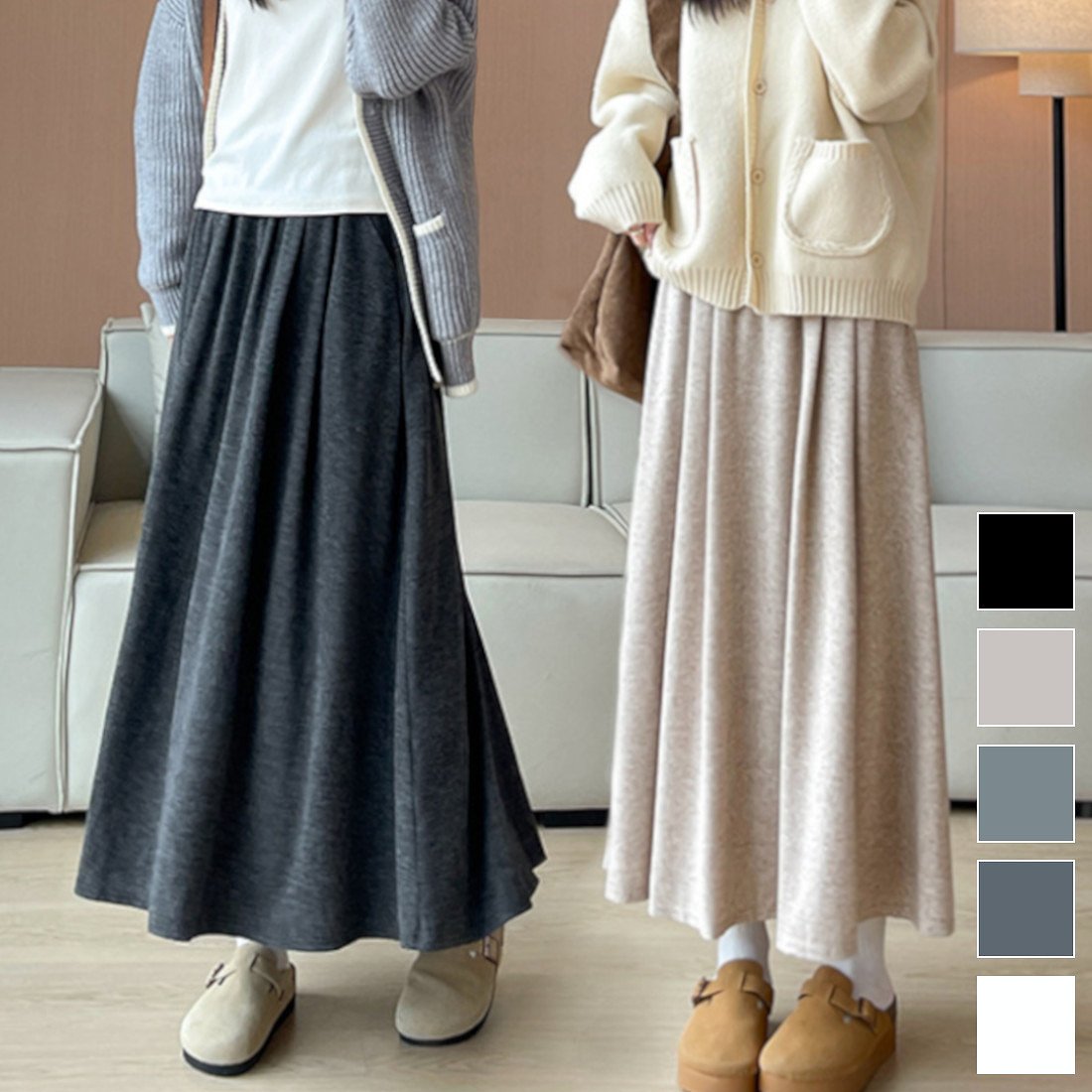 広がるラインが魅力的なロング丈スカート ボトムス フレアスカート ロングシーズン 冬 ウエストゴム