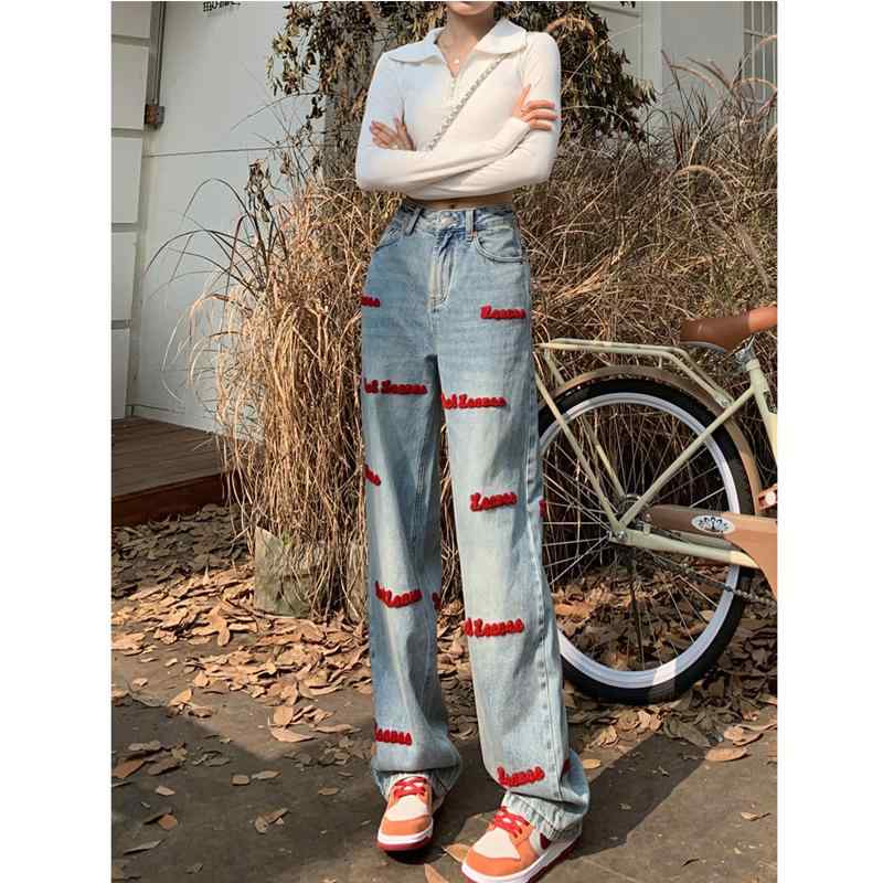 デニム パンツ ボトムス レディース 刺繍 ストレート ジーンズ 春秋 大きいサイズ スリムフィット ハイウエスト モッピング ワイドパンツ 水色 黒