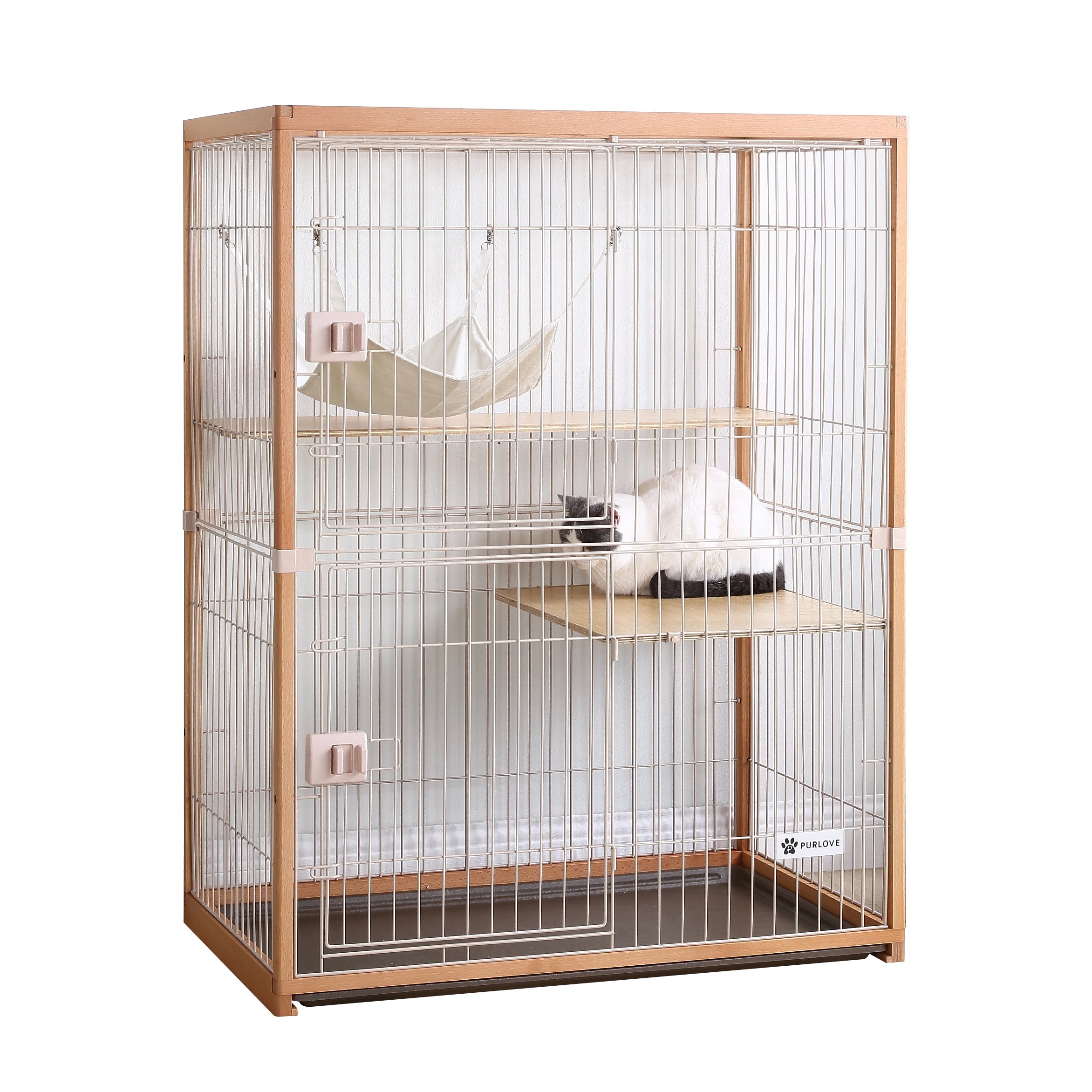 【国内即日発送】猫 ケージ キャットケージ 2段 87*24*64cm 木製フレーム ハンモック付 広々 大型 猫ゲージ 高級感 ナチュラル