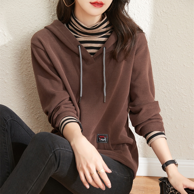 フェイクツーピースパーカー トップス プルオーバー フーディー カジュアル ブラウン 茶色 ブルー