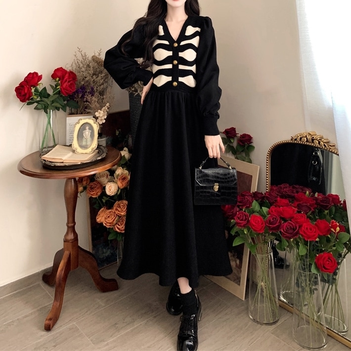 ワンピース レディース シャツワンピ ボーダー ウェーブ柄 Vネック 長袖 ミモレ丈 コーディロイ ベスト ニット ドッキング フェイクレイヤード ミディアム レトロ ハイウエスト ウエストマーク 5,586円