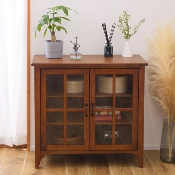 キャビネット 両開き ガラス扉 天然木 エスニック調 Timber 幅80cm