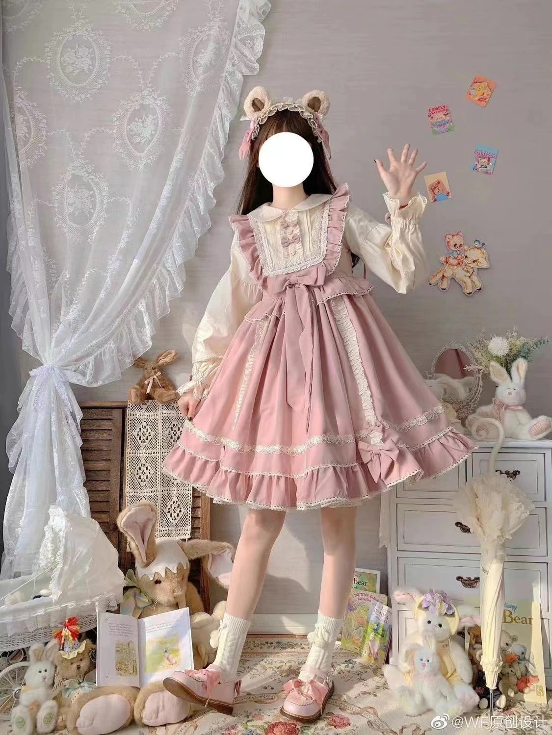 夏款正规品Lolita裙大童甜美可爱洋装洛丽塔拼色假两件套粉色公主裙