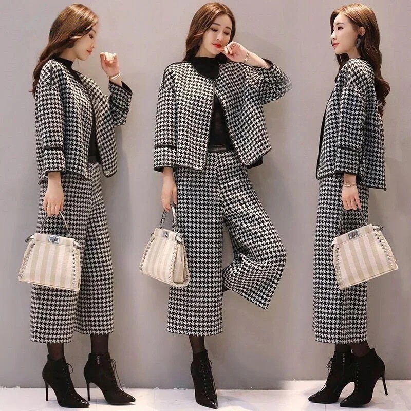大人気！ 秋 新作 アウター 二点セット 九分丈パンツ+アウター ゆったり 気質 千鳥格子 ノーカラージャケット ジャケット ニットコート 厚手 ウォーム 高級感 開学式 卒業式