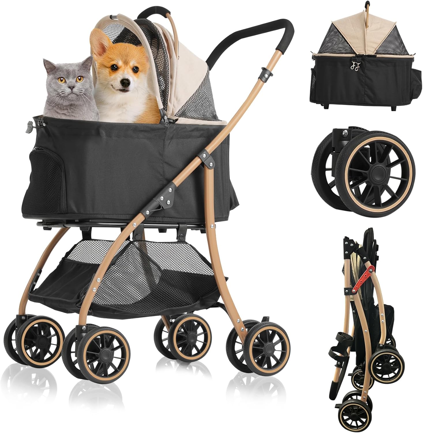 小型犬・猫用多頭対応および中型犬用耐荷重20kgペットカート 分離型と一体型折りたたみ式 4輪静音耐摩耗 前輪360度回転後輪ブレーキ付 カップホルダー付き 金色 16,624円