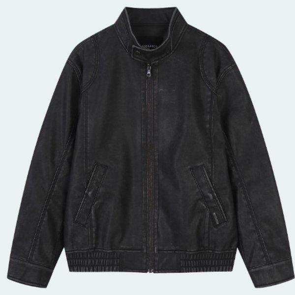 人気のメンズスタンドカラーフェイクレザージャケット_US