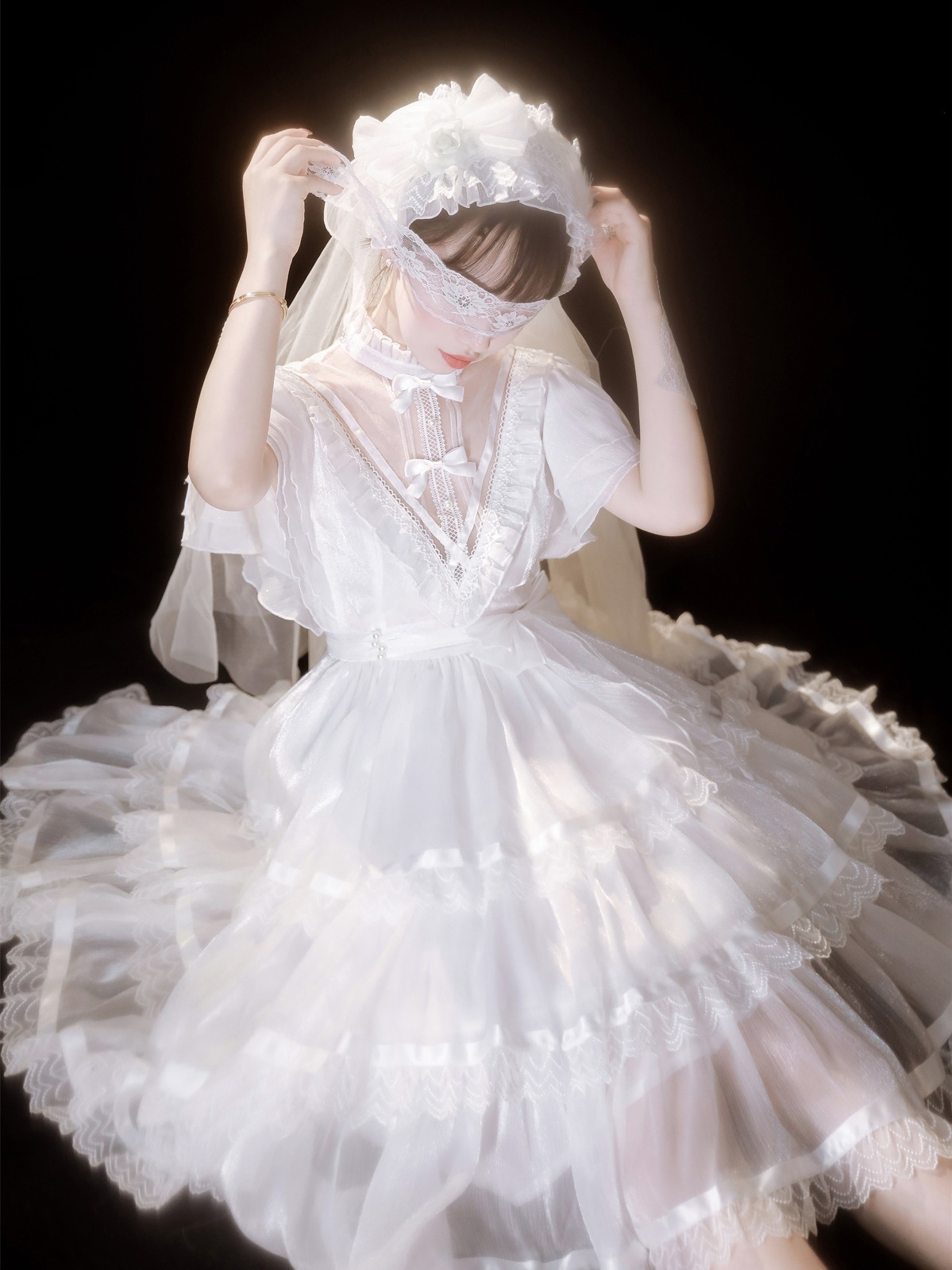 lolita地雷パーカーロリータ ワンピース ゴスロリドレス朝夜宴会白黒レースドレスケーキスカート夏半袖スーパーフェアリースカート