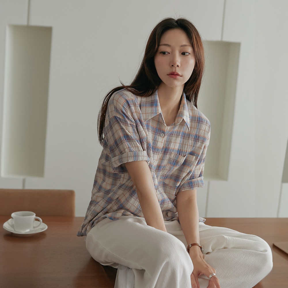 平地エンボコットンリネンチェック1/2シャツ