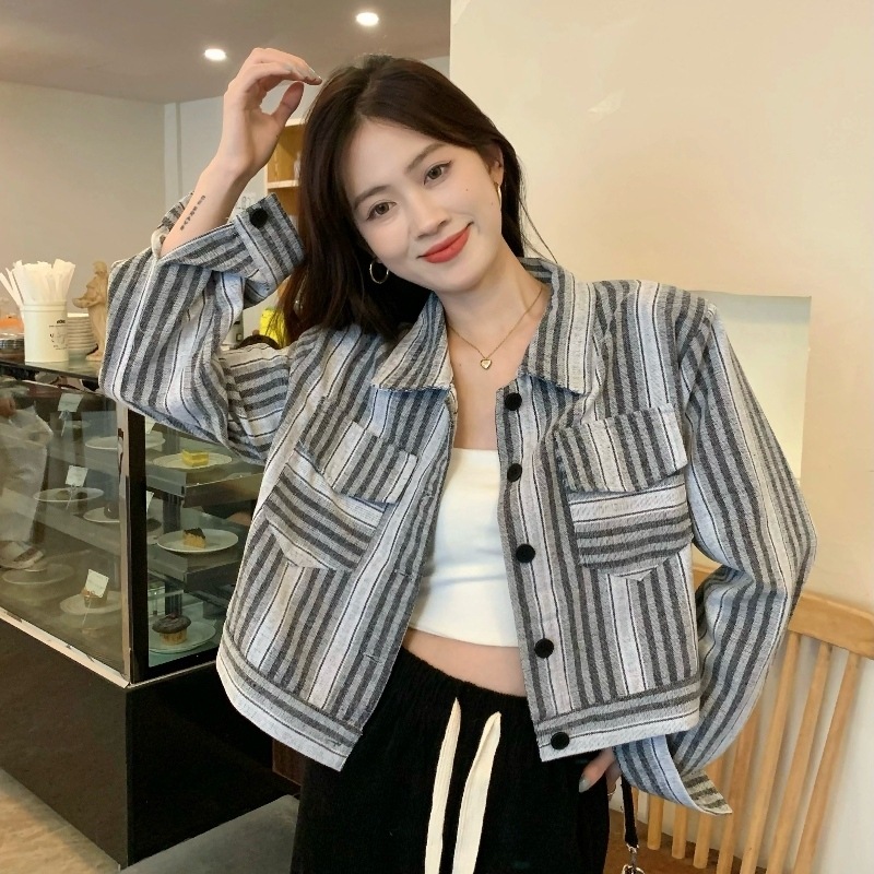 2カラー アウター レディース ジャケット 長袖 襟付き ショート丈 ストライプ 前開き 人気 個性的 カジュアル レトロ ゆったり ワンサイズ ストリート メンズライク グレー グリーン 大人っぽい