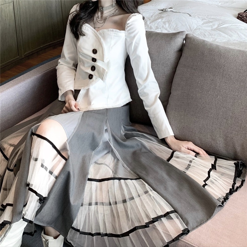 レディース セットアップ トップス シャツ ブラウス フレアスカート アシンメトリー ミモレ パフスリーブ スクエアネック ノーカラー フレア 切り替え ドッキング レース チュール シフォン フリル