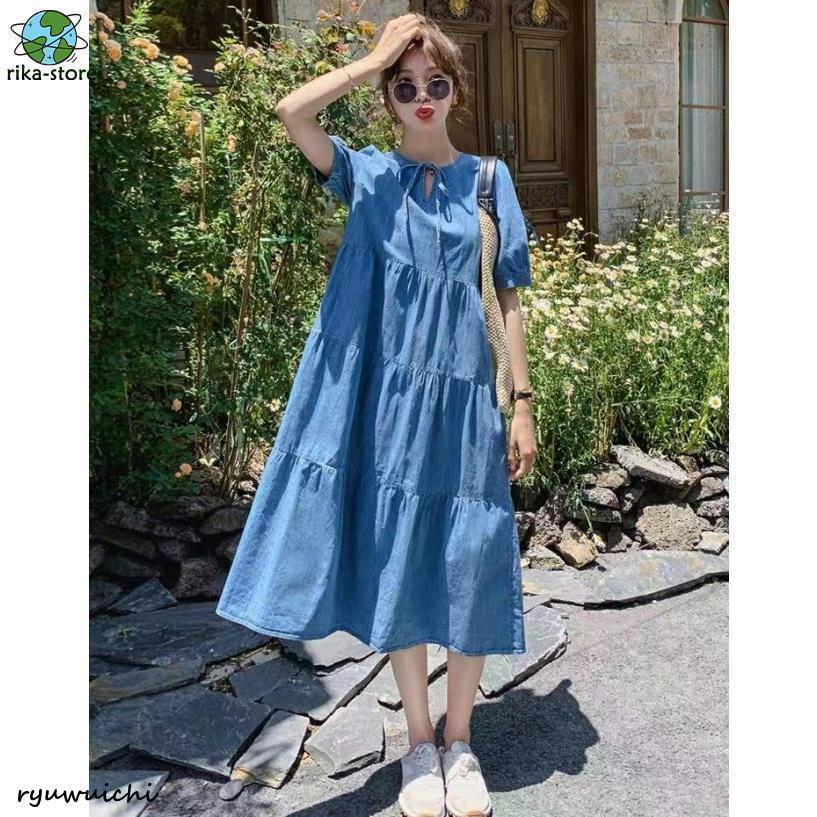 値下げ済み 3日以内に出荷 デニムワンピース ロング 半袖 ティアードワンピース Aライン ワンピース レディース パフスリーブ シンプル カジュアル 大きいサイズ 3L 春 夏 2枚購入で150円O