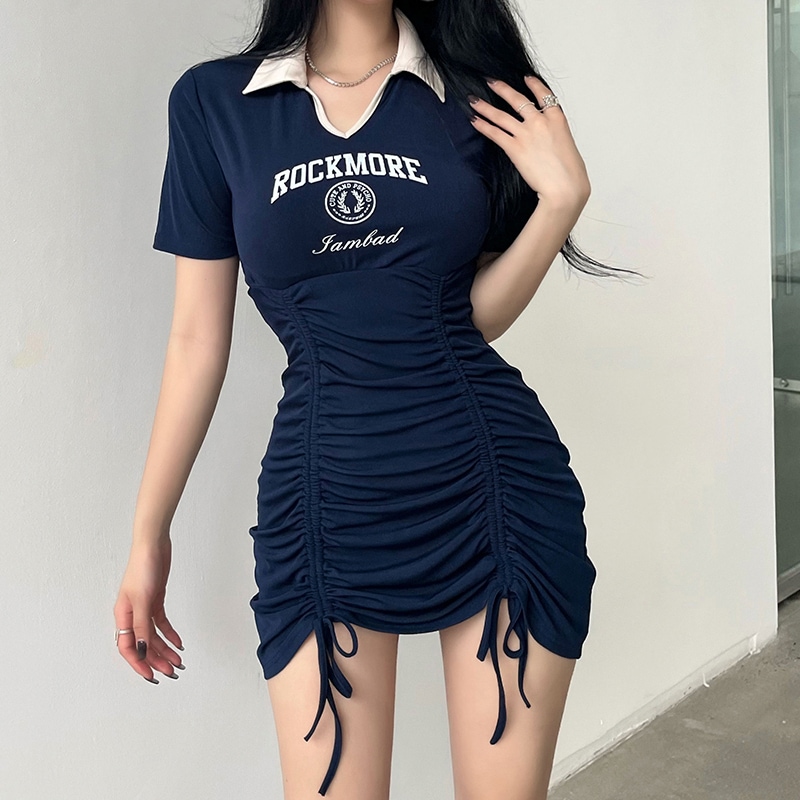 ミニワンピース ワンピース ワンピドレス ミニ ミニ丈 袖あり 半袖 Vネック 襟付き スリム タイト 細身 Iライン 綿 ポリエステル かわいい 大人可愛い きれいめ シンプル カジュアル 大人