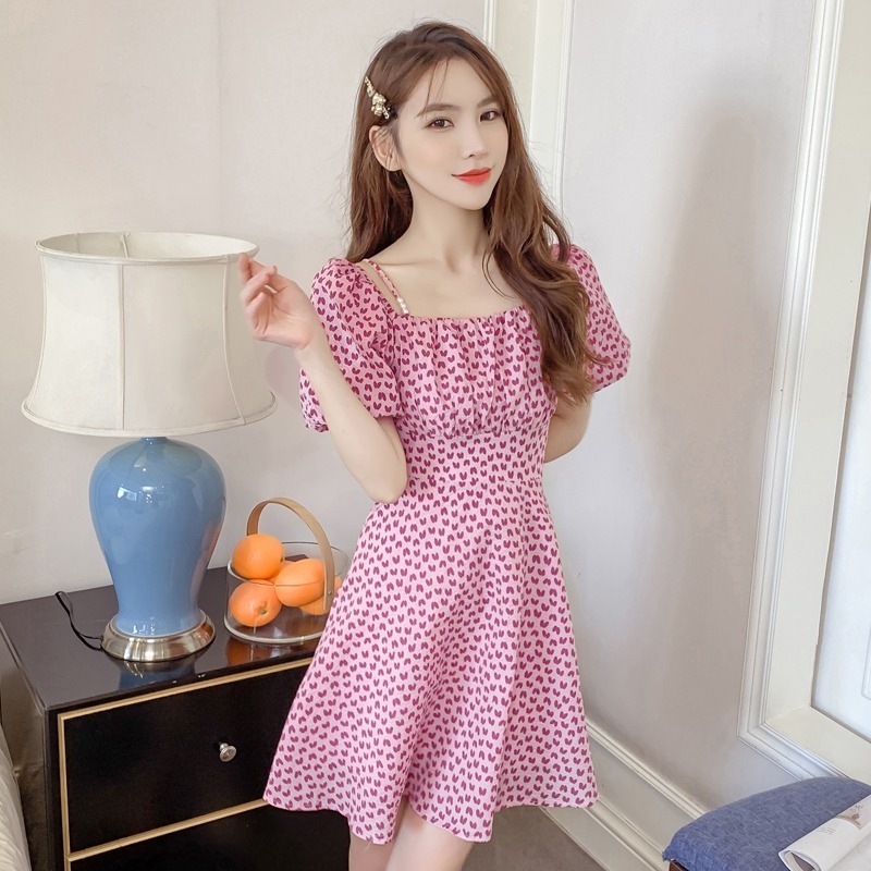 フレアワンピース レディース ショート丈 袖あり 半袖 ボリューム袖 パフスリーブ スクエアネック