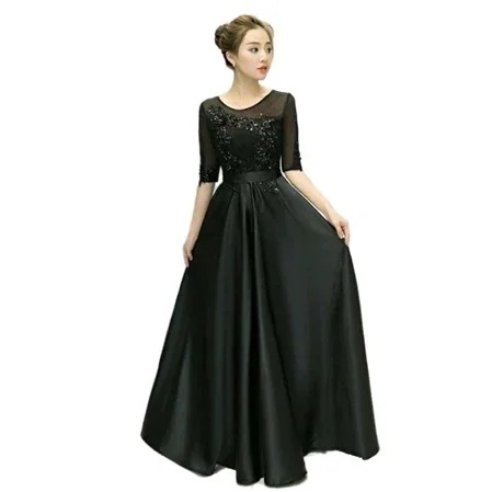 【急速出荷】ロングドレス演奏会大人ドレス袖ありマキシ丈パーティードレス結婚式ワンピース発表会上品ブラックドレス着痩せパーティー二次会お呼ばれドレス
