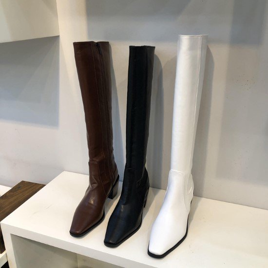 【取寄：納期2週間】ロングブーツ レディース ブーツ 靴 シューズ ロング丈 シンプル 無地 スクエアトゥ サイドジッパー カジュアル きれいめ お出掛け おしゃれ 美脚 脚長 太ヒール