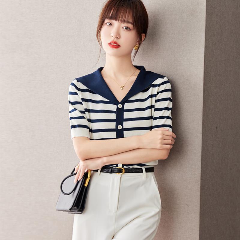 実写 ニットカーディガン 縞氷糸ニットカーディガン女性夏海軍襟薄いTシャツカットソー
