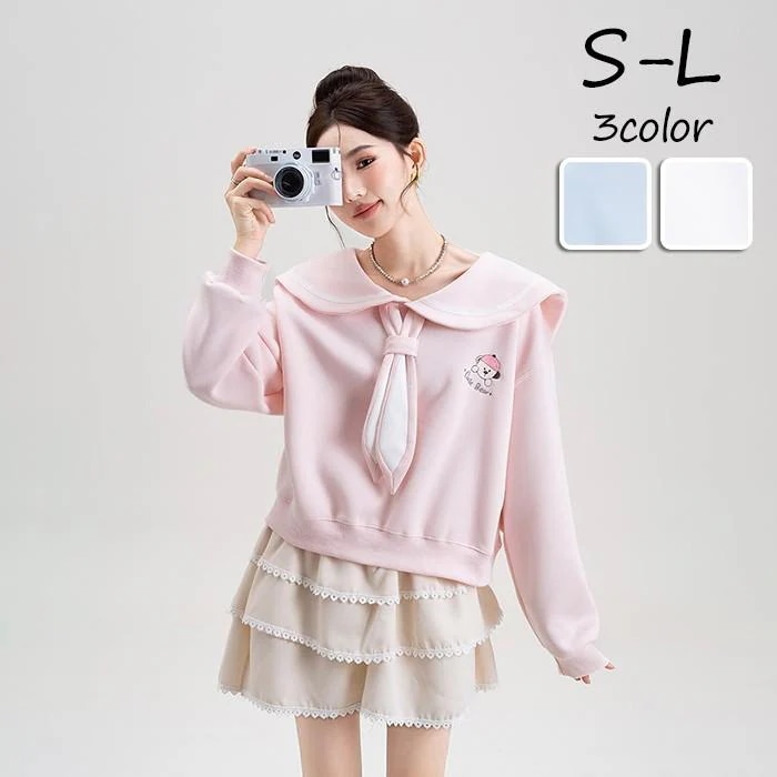 パーカー レディース トップス 長袖 ビックシルエット セーラーカラー フリル かわいい ロリータ ゆったり キュート 楽チン ピンク ブルー ホワイト S M L