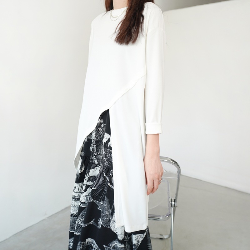 トップス レディース アシンメトリー カットソー ワイド 個性的 人気 通販 春服 夏服 半袖 ラウンドネック SNS 映え モテ 高見え 華奢見え 無地 ブラック グレー ホワイト ゆった