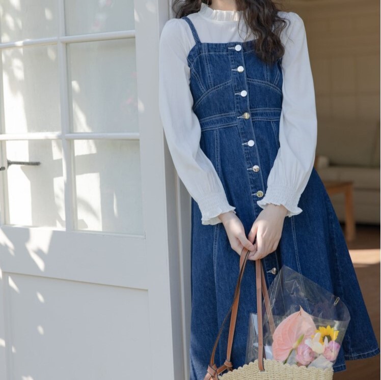 スカート レディース ワンピース S M L 韓国 デニムスカート サロペット 膝丈 ひざ丈 フレア かわいい 大人可愛い きれいめ 上品 フェミニン おしゃれ お洒落 おとな ナチュラル ラブリー