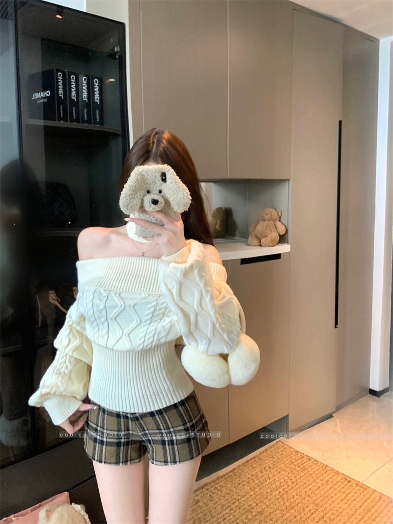 ニット トップス レディース 長袖 オフショルダー ネックウォーマー マフラー セット 2点セット チョーカー 肩出し 肌見せ セクシー タイト スリム リブニット韓国ファッションギャル 服無地