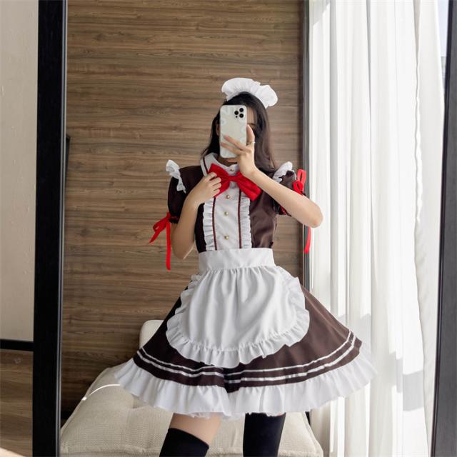 メイド服 genshin 胡桃(フータオ)　ロリィタ ロリータ ワンピース コスチューム 飾り付き エプロン 髪飾り リボン 文化祭 学園祭 メイドカフェ Lolita コスプレ衣装 アニメ 可愛い