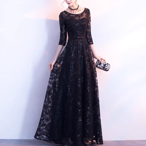 ドレス ウェディング パーティー 二次会 演奏会 発表会 ステージ キャバ 謝恩会 演劇 ラウンジ 膝下 ロング マキシ 7分袖 ラウンドネック プリンセスライン フレア Aライン イブニング レース