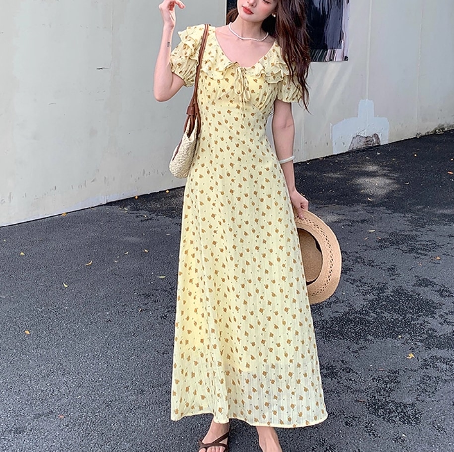 レディース ワンピース ロングドレス フレアスカート ロング 丈長 半袖 フレアスリーブ Aライン フェミニン フリル リボン かわいい 大人可愛い おしゃれ ガーリー 個性的 ラブリー キュート