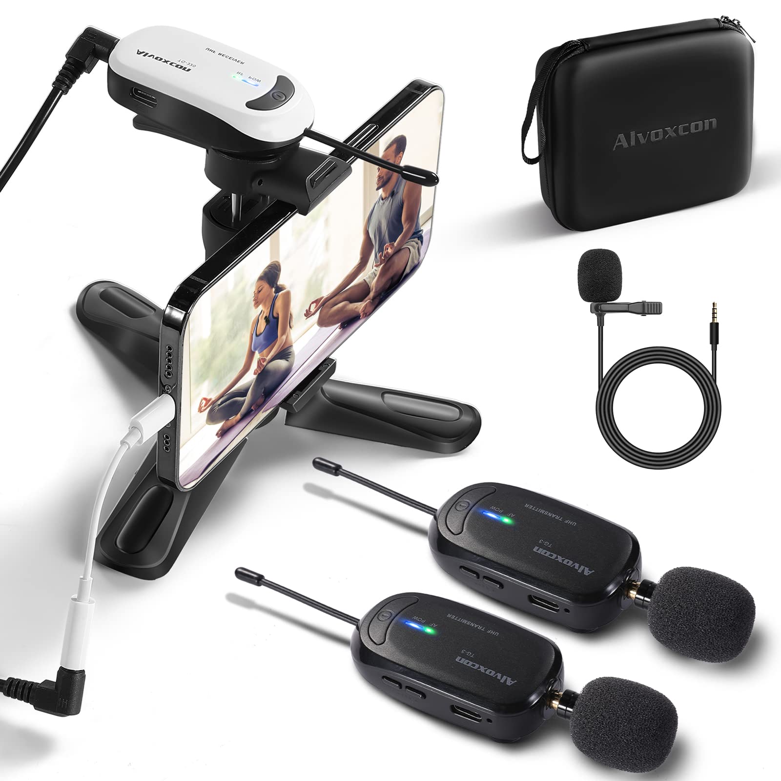 Alvoxcon ワイヤレスマイクセット スマホ＆一眼レフ対応 ピン・クリップ両用 iPhone外付け Vlog/動画撮影用 スマホスタンド＆収納ケース付き 日本語説明書 TG320PRO