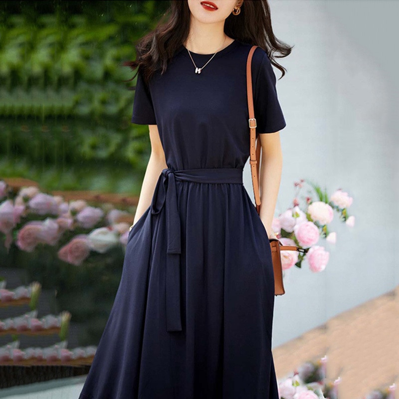 ワンピース ミディアム丈ワンピース 半袖 ラウンドネック フレアワンピース ミディアム丈 フレア ウエストマーク かわいい 大人可愛い きれいめ シンプル 上品 おしゃれ 大人女子 こなれ感 レトロ