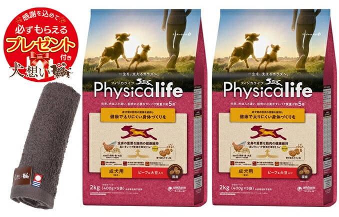 【プレゼント付】フィジカライフ (Physicalife) 成犬用 ビーフ＆大豆入り2kg 2個セット【犬想いオリジナル今治ハンドタオルセット】【タオルカラー モカ】