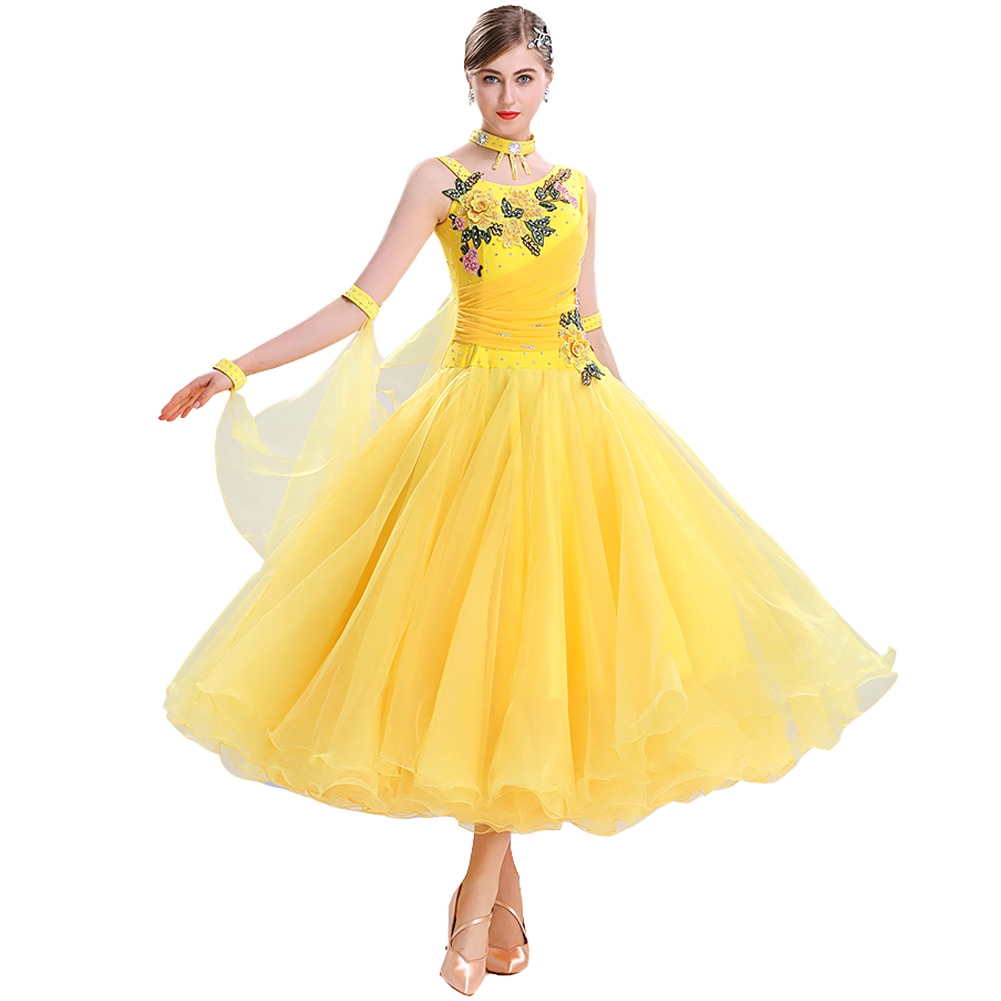 社交ダンス モダンドレス ワンピースドレス ピンク 大きい裾 豪華 演出服 イエロー スタンダードドレス ビジュー付き インターナショナルダンス イエロー 競技会 ワルツ服 練習着 競技用 ステージ衣