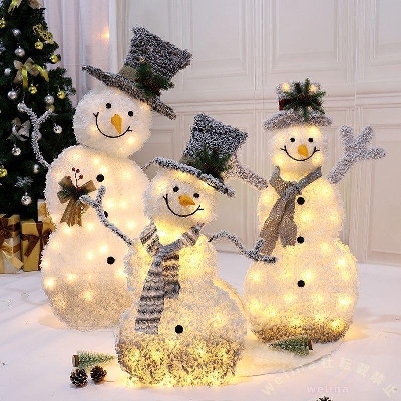 クリスマス装飾 LEDライト付き 雪だるま/トナカイ/ツリー アイアンフレーム 暖色ホワイト 屋内外OK サンタフィギュア イルミネーション