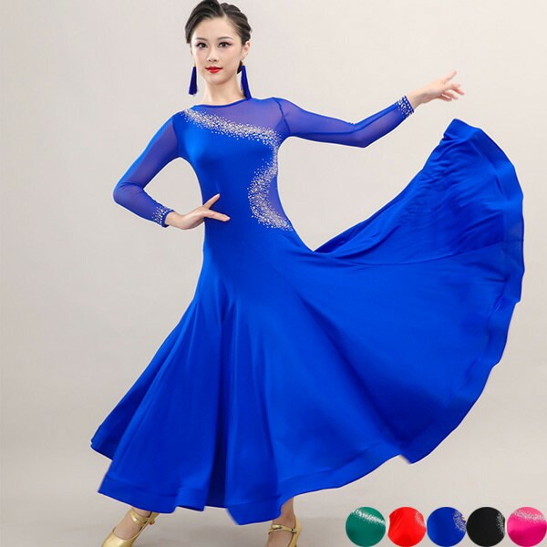 社交ダンス ドレス 社交ダンス衣装 ワンピース モダン スタンダード ルンバ レッスン着 長袖 透け感 レース ワルツ専用 練習着 発表会 ストレッチ 団体 ブルー 青 レッド 赤as034s1s1c