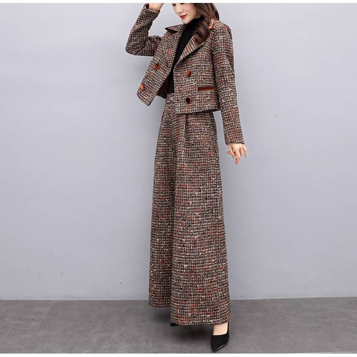 パンツスーツ セットアップ フォーマルスーツ レディース チェック柄 ジャケット ワイドパンツ ショート ショート丈 袖あり 長袖 襟付き ワイド ガウチョ 前開き ツイード 上下セット 2点セット