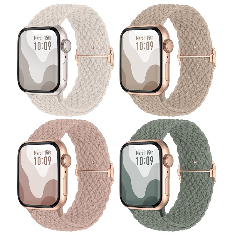 【4枚入り】Suitisbest コンパチブル アップルウォッチ バンド 41mm 40mm 38mm 編み込み Apple Watch バンド ナイロン 伸縮性 滑り止めバックル付き Series