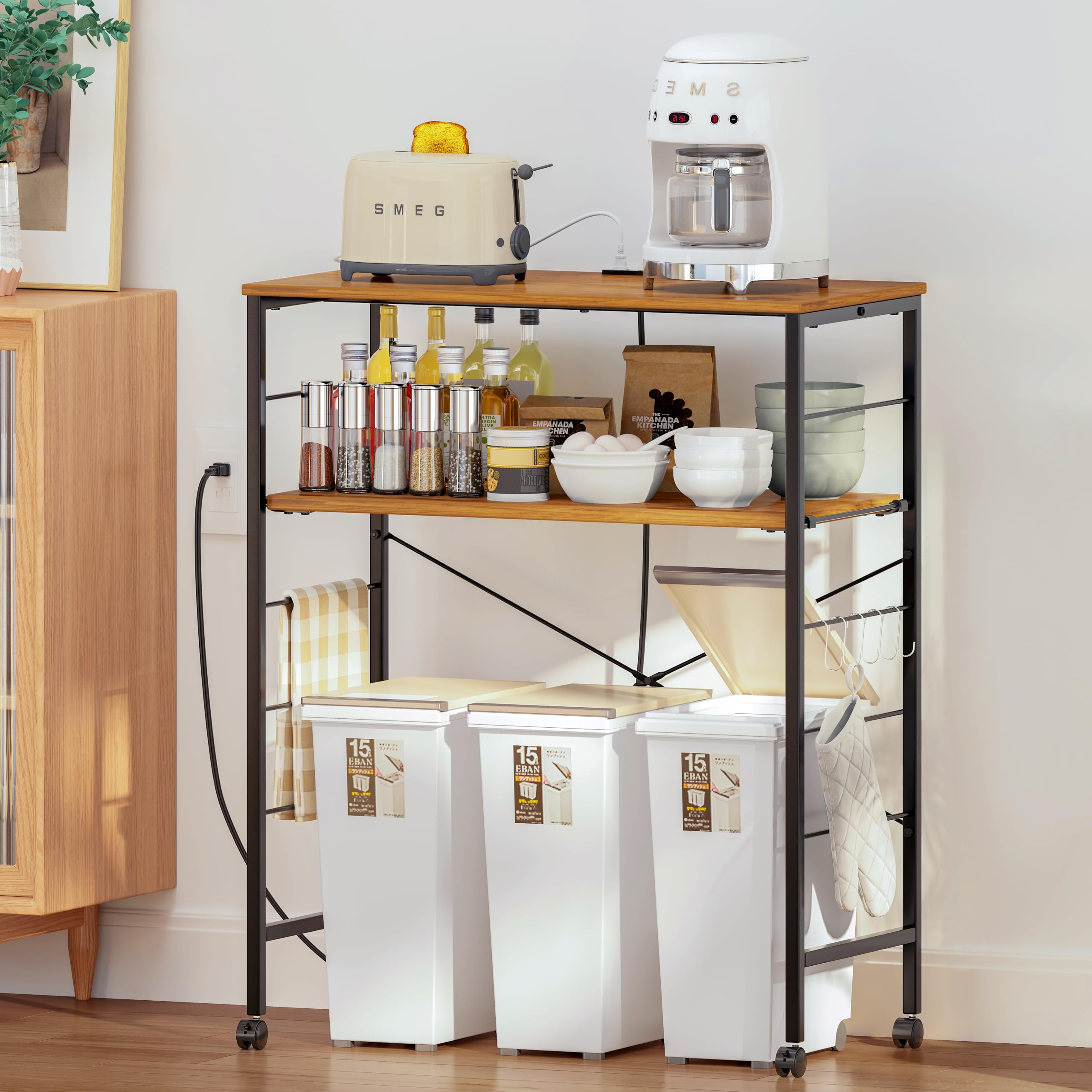 LunarLight キッチンベイカーラック ごみ箱上ラック 幅80×奥行40×高さ100cm 電子レンジ台 オープンラック プリンタ台 2口コンセント付き 総耐荷重100kg レンジ炊飯器など対応